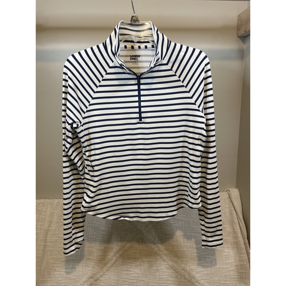 Lands End Half Zip Stretch Pullover Long Sleeve Rash Guard Swim Shirt Stripe 615